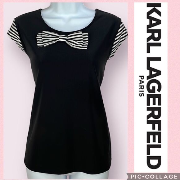 KARL LAGERFELD PARIS KNIT BOW CAP SLEEVE SCUBA BLOUSE SIZE Small - Picture 1 of 14